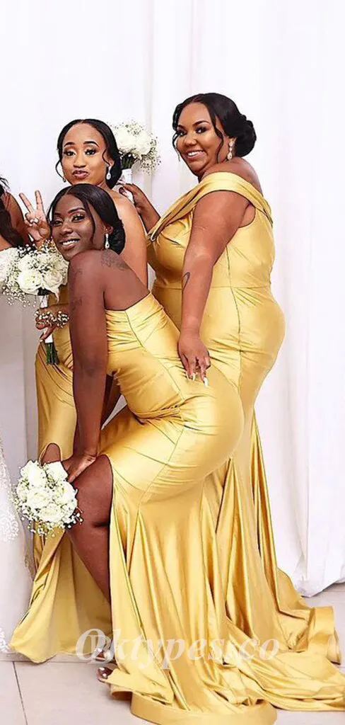 Sexy Soft Satin One Shoulder Sleeveless Side Slit Mermaid Floor Length Bridesmaid Dressses, BDS0248