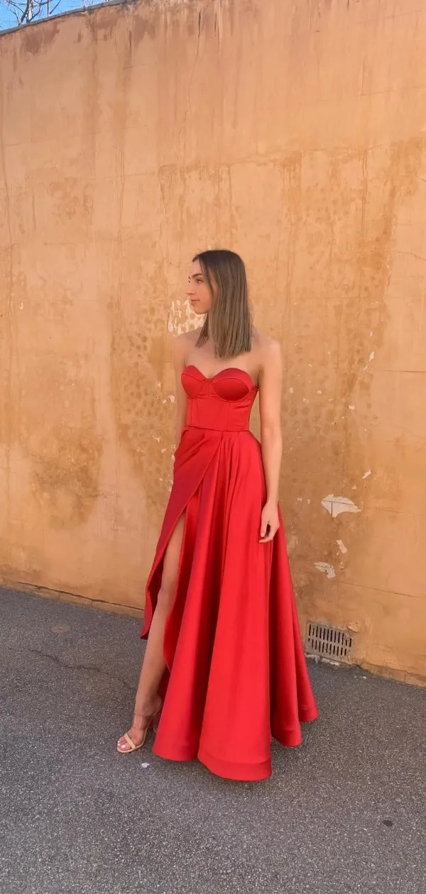 Sexy Sweetheart Sleeveless A-line Satin Long Prom Dresses With Slit For Party Online, OL414
