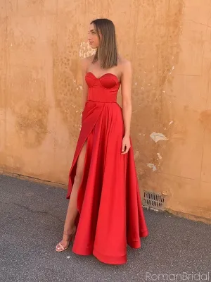 Sexy Sweetheart Sleeveless A-line Satin Long Prom Dresses With Slit For Party Online, OL414
