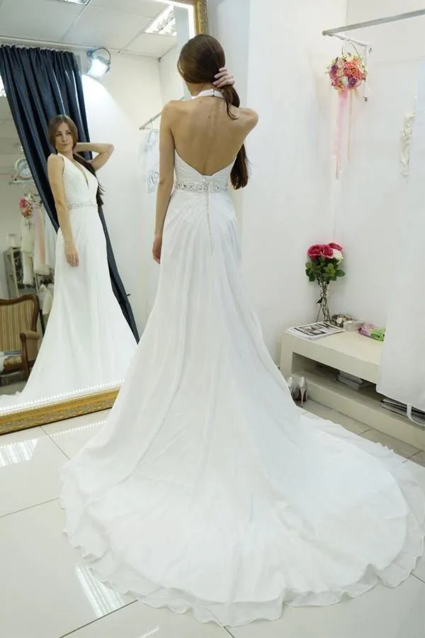 Sheath Halter Backless Sweep Train Wedding Dress with Beading WD078