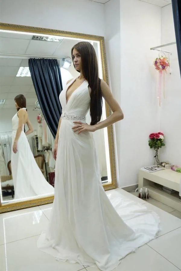 Sheath Halter Backless Sweep Train Wedding Dress with Beading WD078