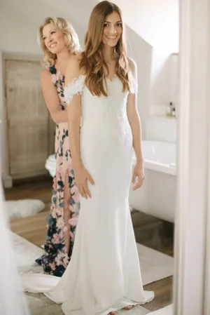 Sheath Satin Lace Off-the-Shoulder Wedding Dresses With Sweep Train, MW745