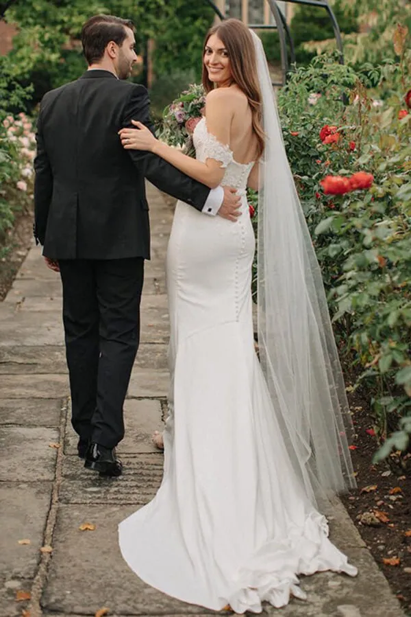 Sheath Satin Lace Off-the-Shoulder Wedding Dresses With Sweep Train, MW745