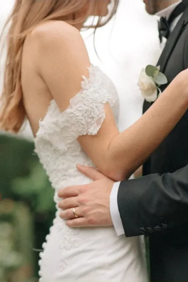 Sheath Satin Lace Off-the-Shoulder Wedding Dresses With Sweep Train, MW745