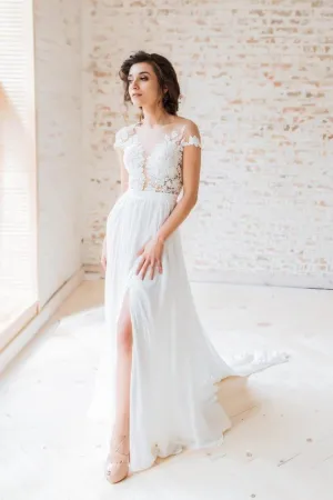 Sheer Neckline Summer Wedding Dresses with Chiffon Skirt