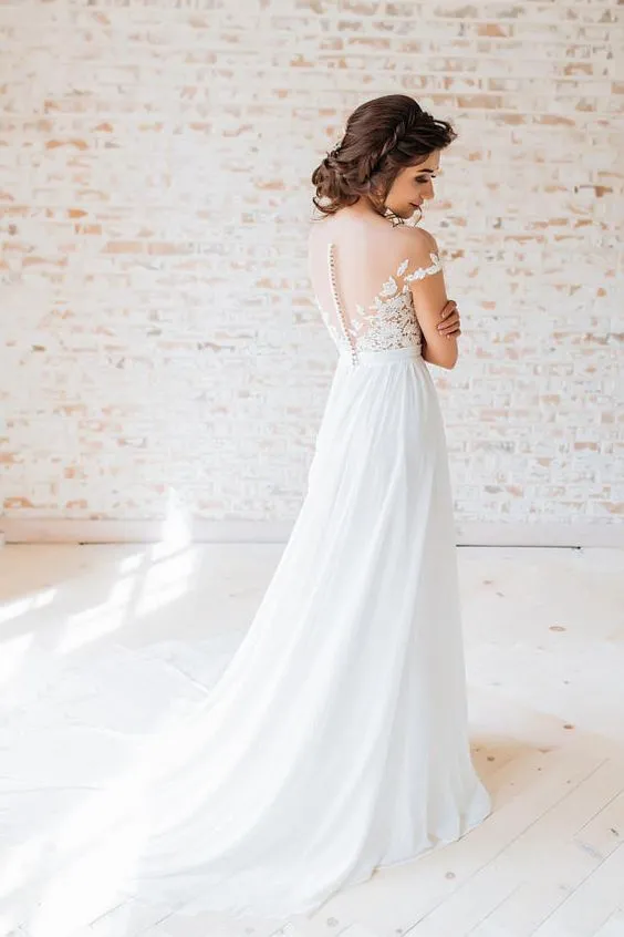 Sheer Neckline Summer Wedding Dresses with Chiffon Skirt