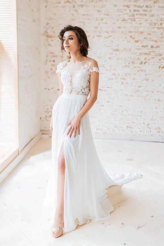 Sheer Neckline Summer Wedding Dresses with Chiffon Skirt