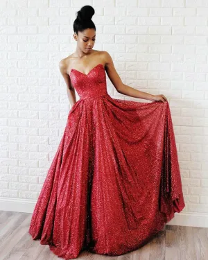 Shining Sequins Prom Dresses with Sweetheart Elegant A-line Long Prom Party Gowns 2019