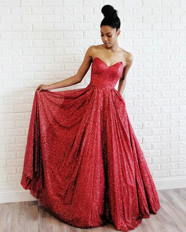 Shining Sequins Prom Dresses with Sweetheart Elegant A-line Long Prom Party Gowns 2019
