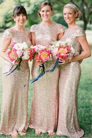 Shinny Golden Sequins Cap Sleeve Sheath Bateau Neck Bridesmaid Dresses, MB196