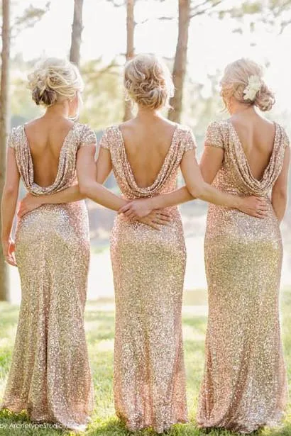Shinny Golden Sequins Cap Sleeve Sheath Bateau Neck Bridesmaid Dresses, MB196