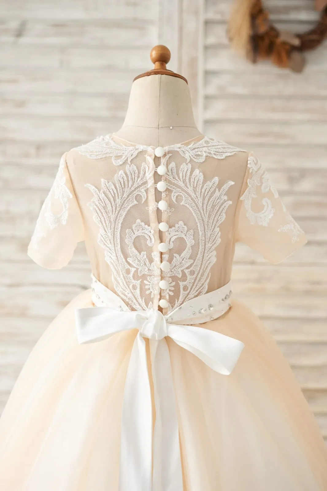 Short Sleeves Champagne Lace Tulle Wedding Flower Girl Dress Kids Party Dress