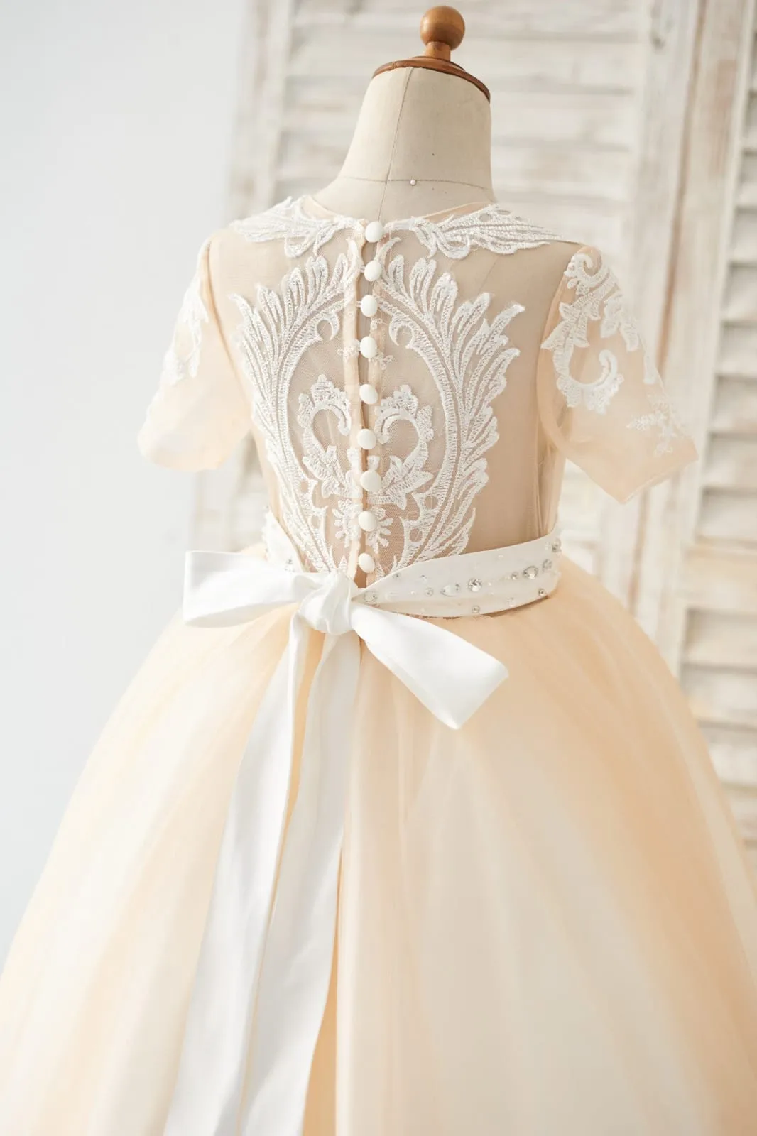 Short Sleeves Champagne Lace Tulle Wedding Flower Girl Dress Kids Party Dress