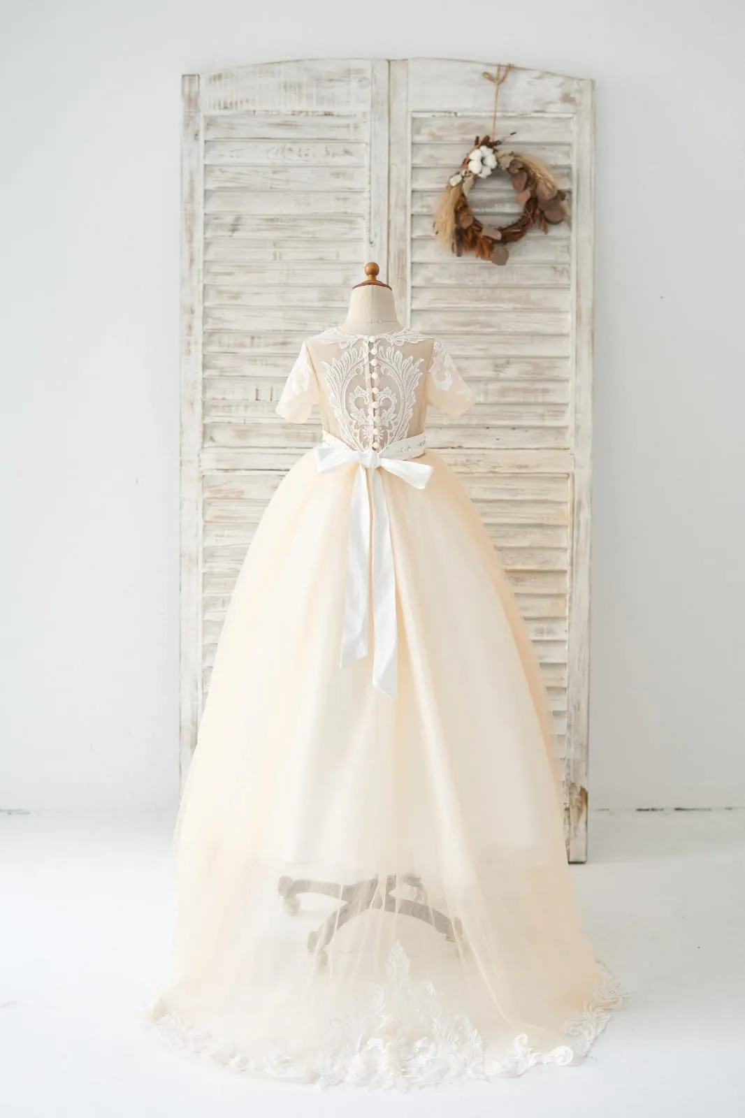 Short Sleeves Champagne Lace Tulle Wedding Flower Girl Dress Kids Party Dress