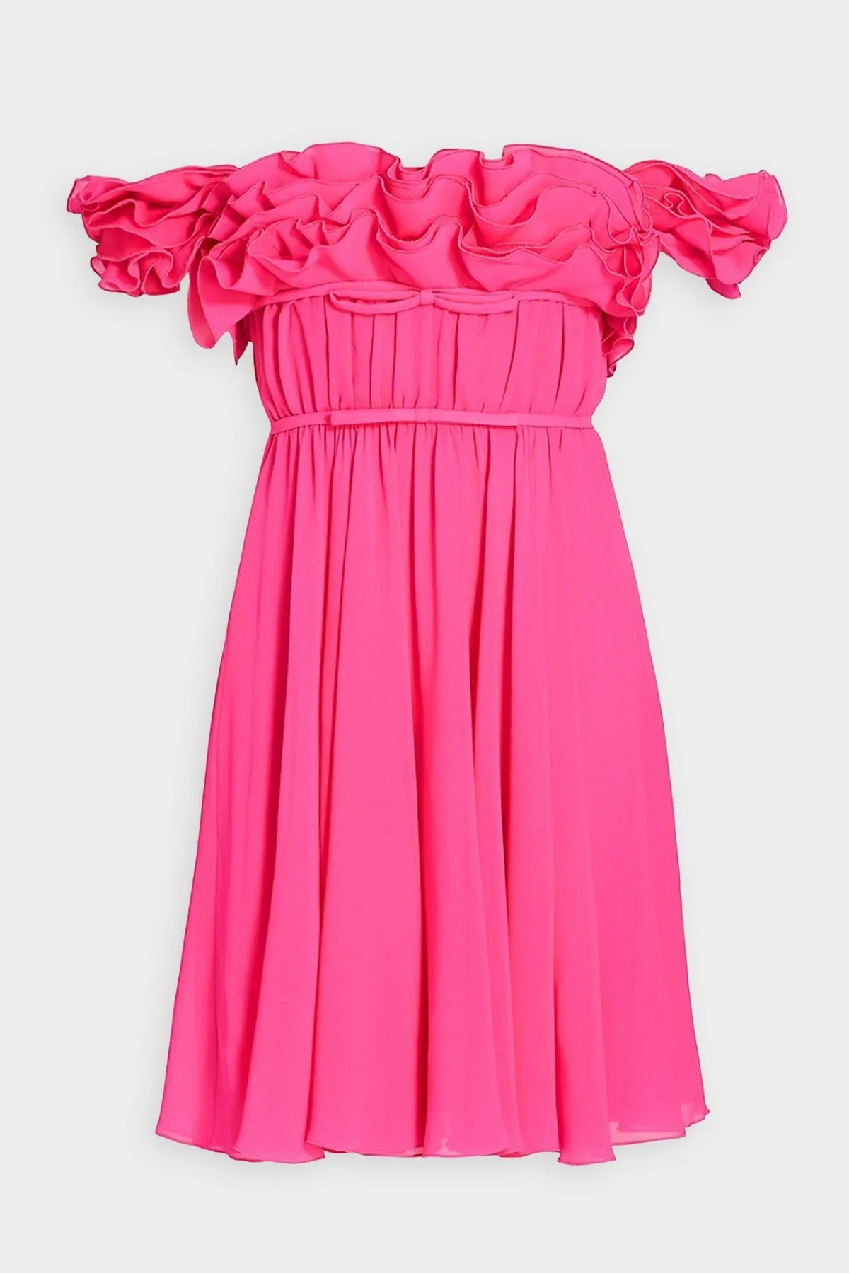 Silk Off-The-Shoulder Ruffle Dress in Pink