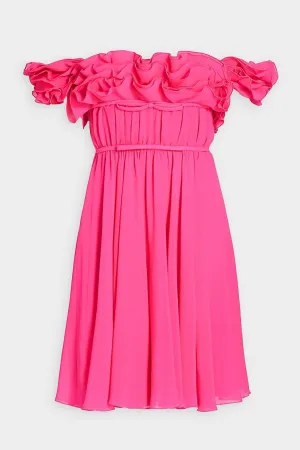 Silk Off-The-Shoulder Ruffle Dress in Pink