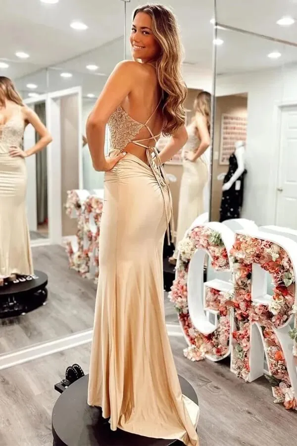 Silk Satin Mermaid V-neck Spaghetti Straps Lace up Back Prom Dresses, MP915