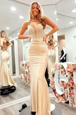 Silk Satin Mermaid V-neck Spaghetti Straps Lace up Back Prom Dresses, MP915
