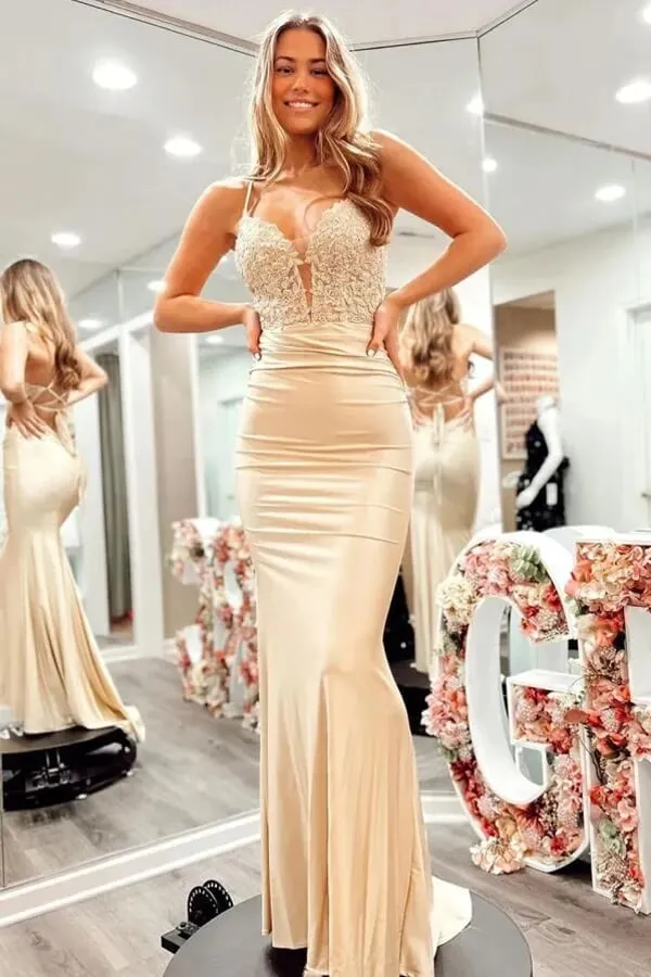 Silk Satin Mermaid V-neck Spaghetti Straps Lace up Back Prom Dresses, MP915