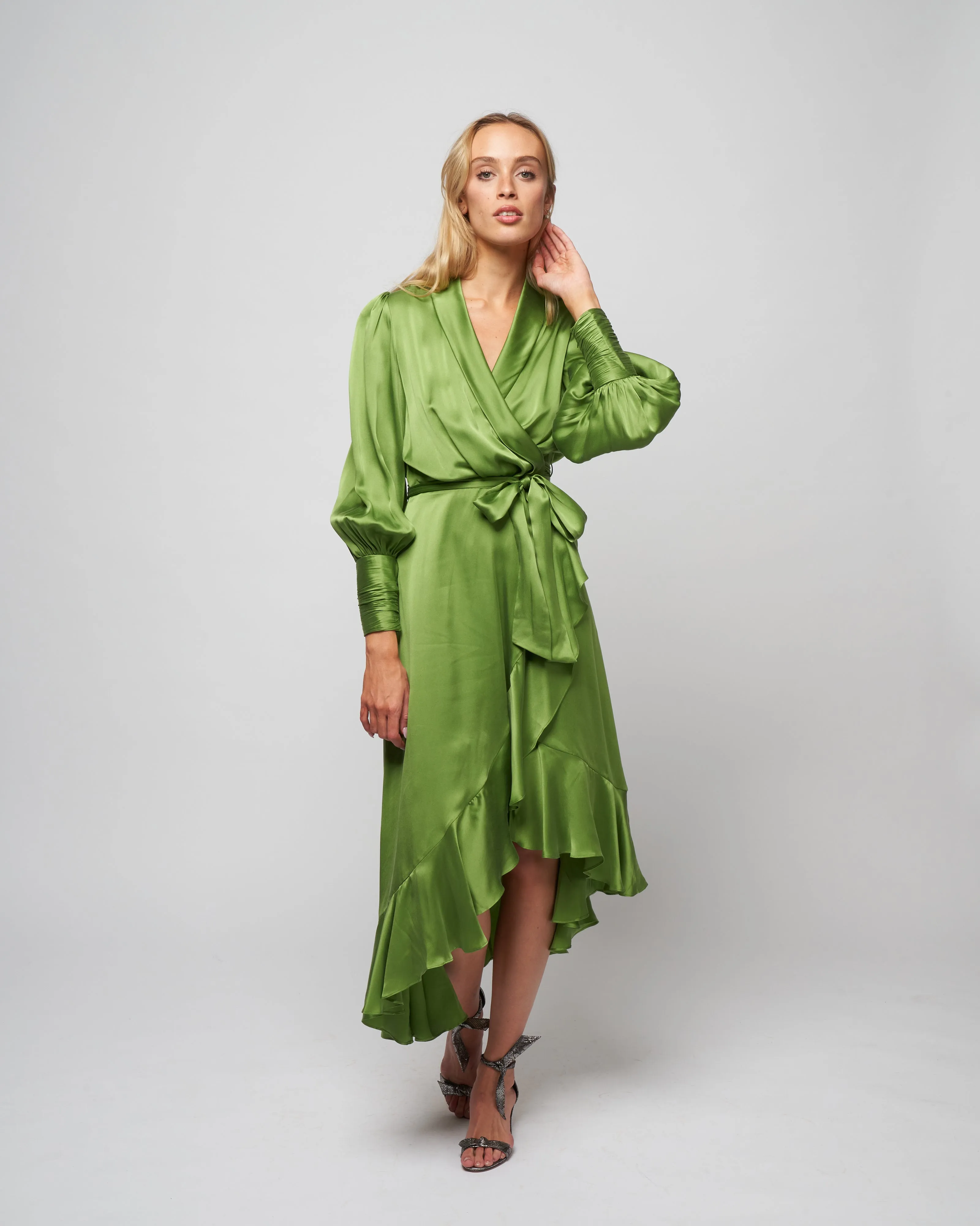 silk wrap midi dress - olive