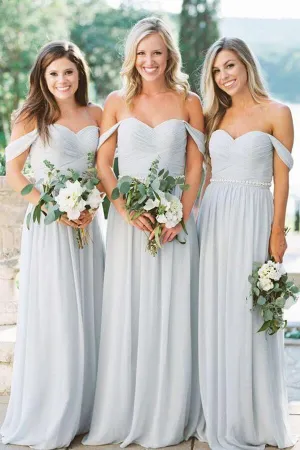 Silver Chiffon A-line Off-the-Shoulder Beach Bridesmaid Dresses, BD110