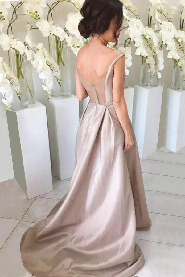 Silver Simple A-line V-neck High Low Sweep Train Bridesmaid Dresses, MBD220