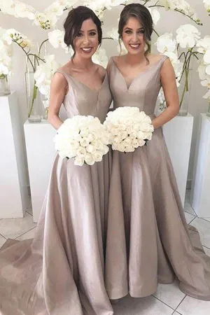 Silver Simple A-line V-neck High Low Sweep Train Bridesmaid Dresses, MBD220