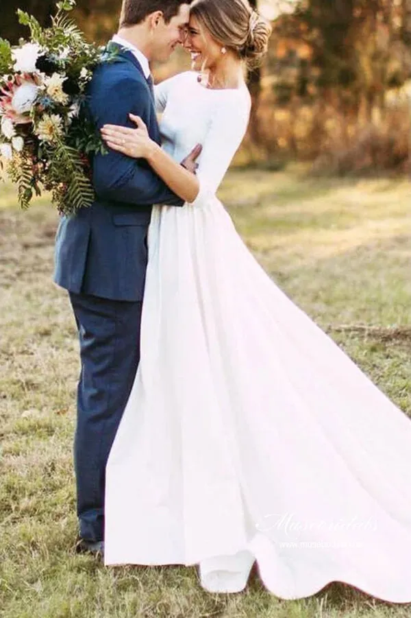 Simple 3/4 Sleeves Backless Modest Wedding Dresses, Bridal Gowns, MW972