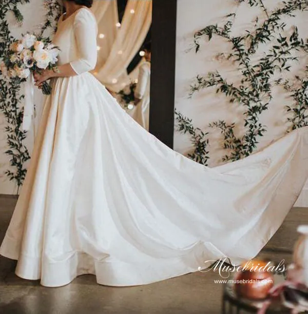 Simple 3/4 Sleeves Backless Modest Wedding Dresses, Bridal Gowns, MW972
