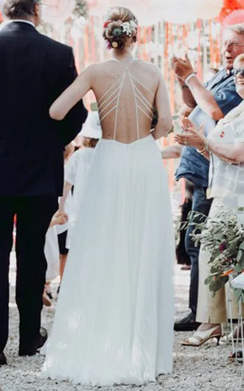 Simple A-Line Plunging Neckline Chiffon Wedding Dress With Straps And Pleats-716609