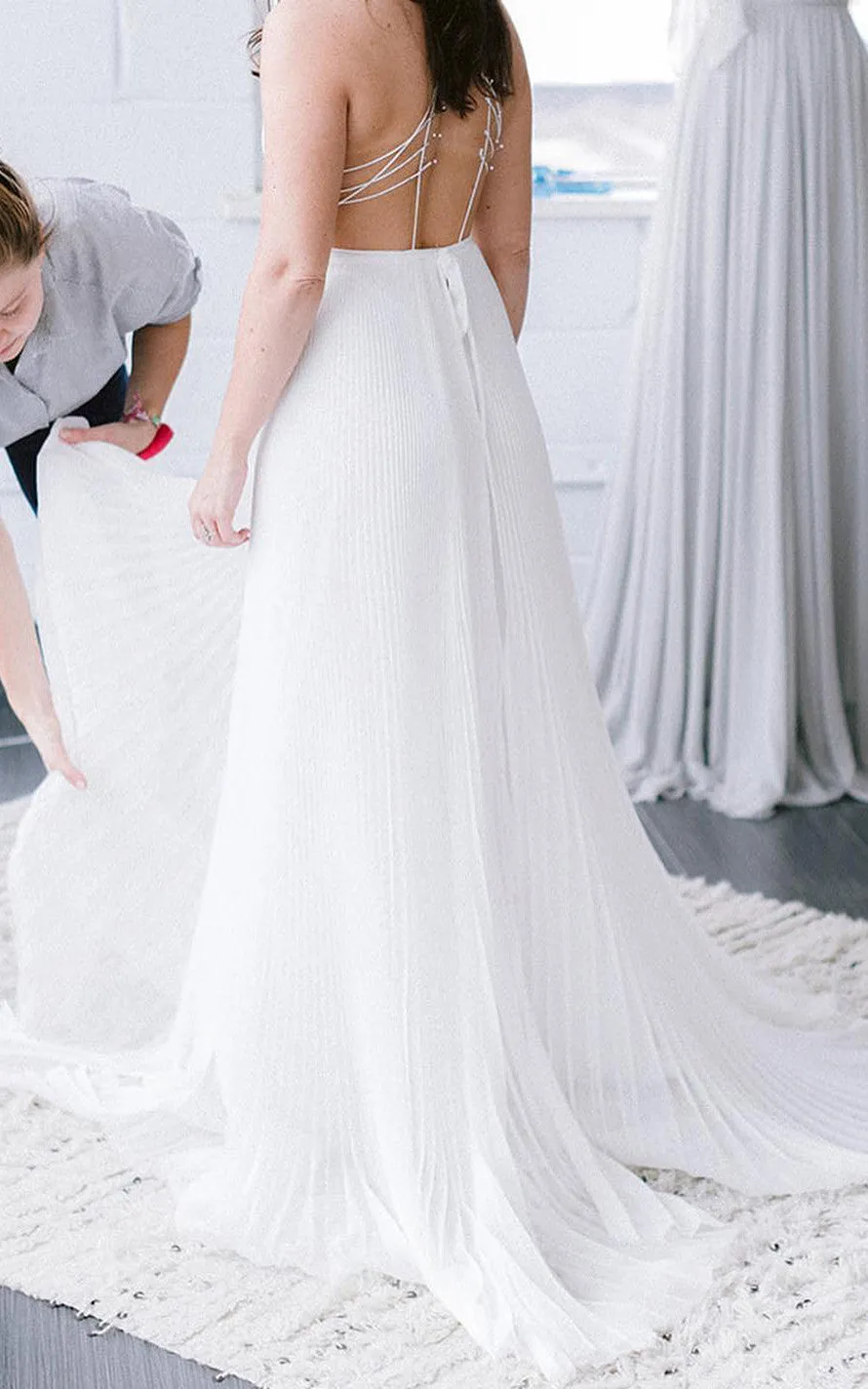 Simple A-Line Plunging Neckline Chiffon Wedding Dress With Straps And Pleats-716609