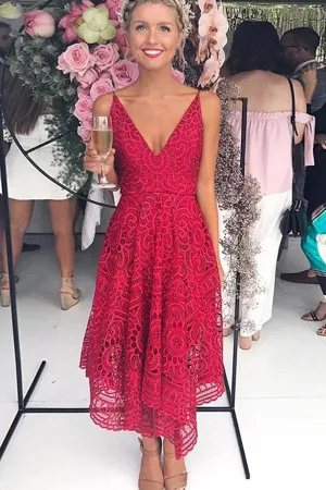 Simple A-Line Red Deep V-Neck Spaghetti Straps Lace Bridesmaid Dresses,MH441