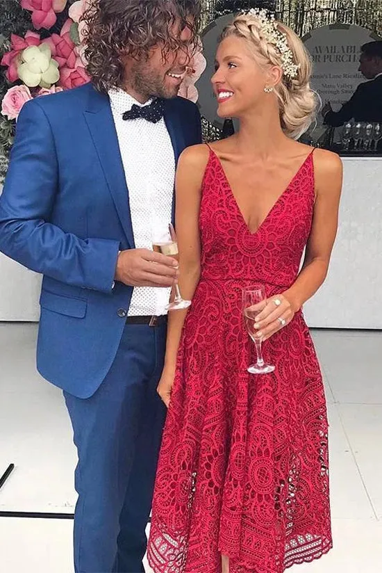 Simple A-Line Red Deep V-Neck Spaghetti Straps Lace Bridesmaid Dresses,MH441