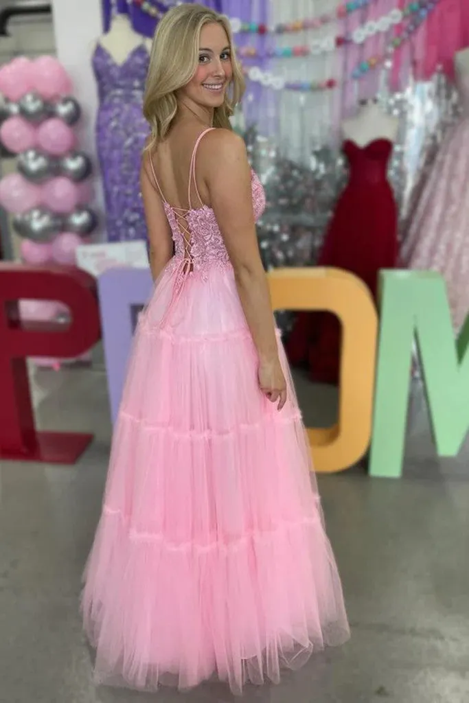 Simple A Line V Neck Pink Lace Long Prom Dresses, Lace Pink Formal  Evening Graduation Dresses