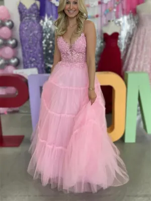 Simple A Line V Neck Pink Lace Long Prom Dresses, Lace Pink Formal  Evening Graduation Dresses