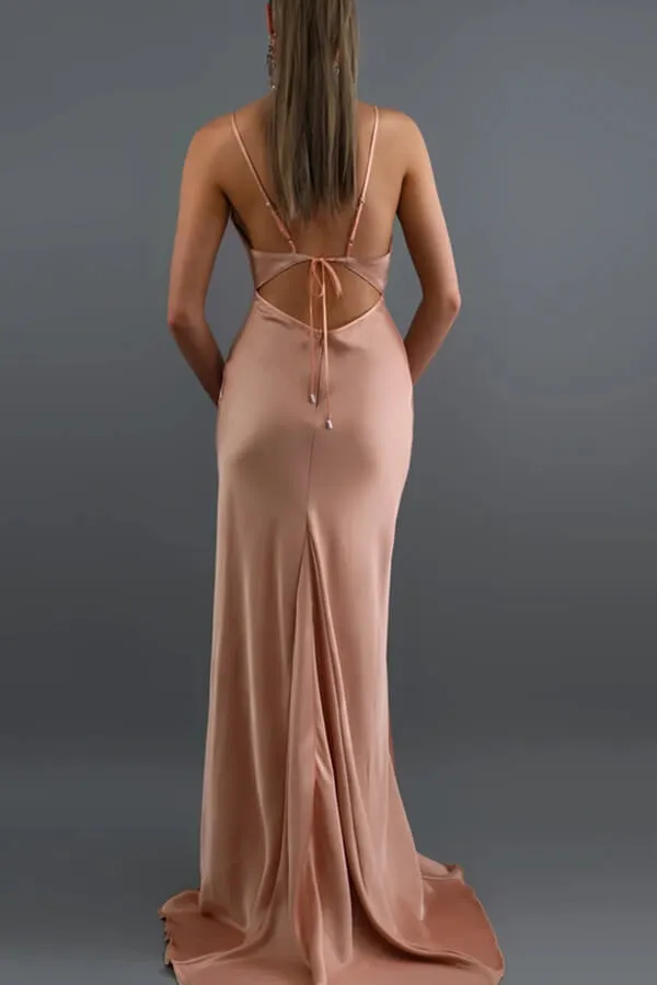 Simple Blush Mermaid Open Back V Neck Spaghetti Straps Long Prom Dresses, SP579