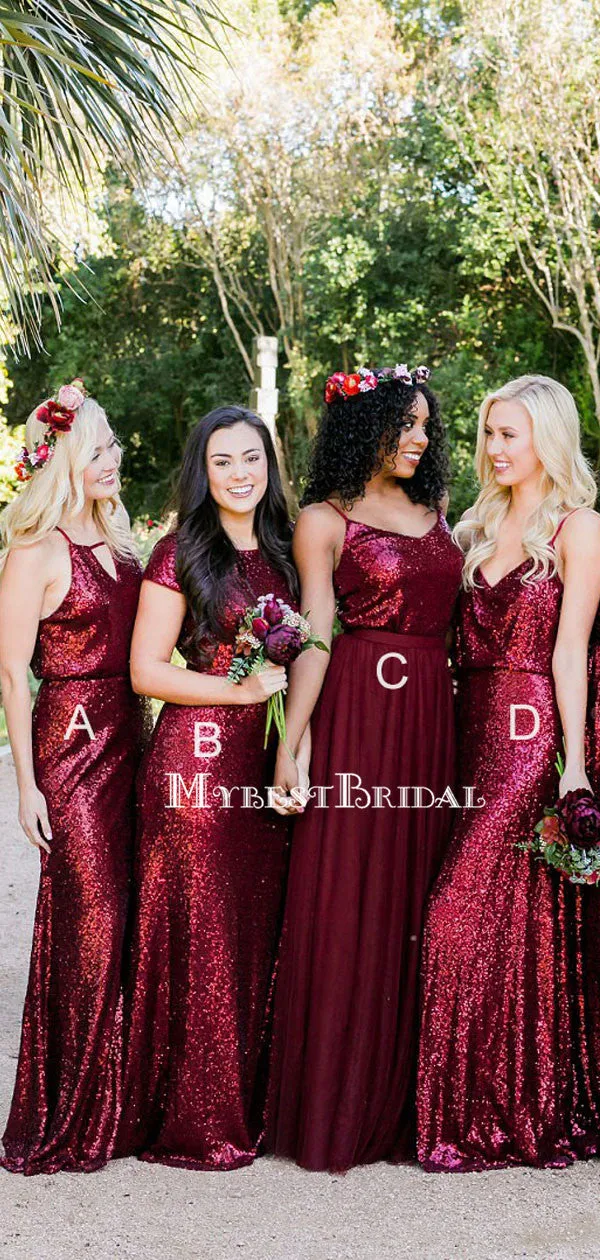 Simple Burgundy Sequin&Chiffon Long Bridesmaid Dresses,Wedding Party Gowns,WGY0218