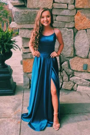 Simple Emerald Prom Dresses Green Satin Formal Dress Long with split