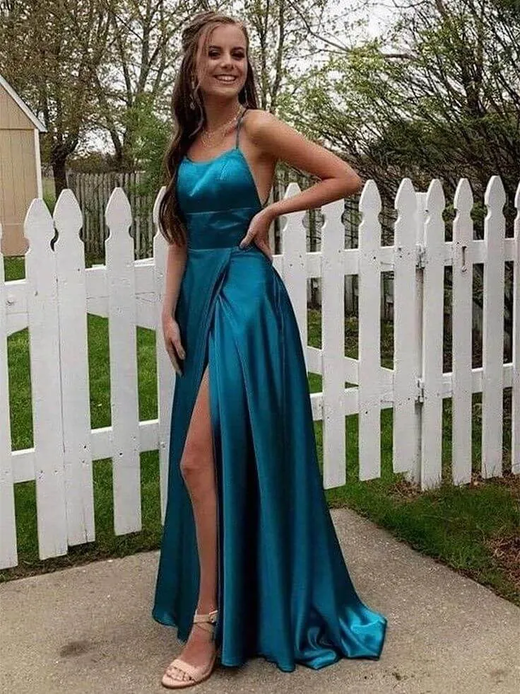 Simple Emerald Prom Dresses Green Satin Formal Dress Long with split