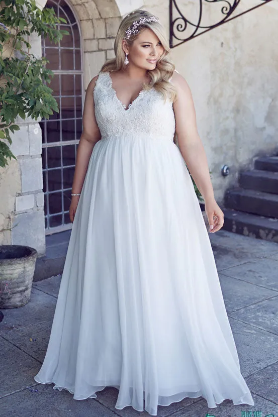 Simple Floor-length V-Neck Empire Chiffon Bridal Gown-MK_705600