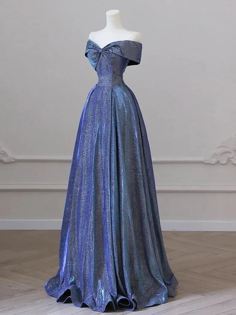 Simple Off Shoulder Satin Blue Long Prom Dress, Blue Long Formal Dress