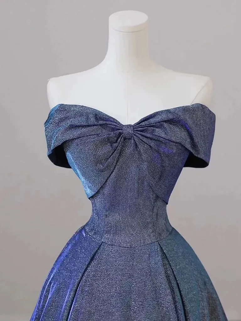 Simple Off Shoulder Satin Blue Long Prom Dress, Blue Long Formal Dress
