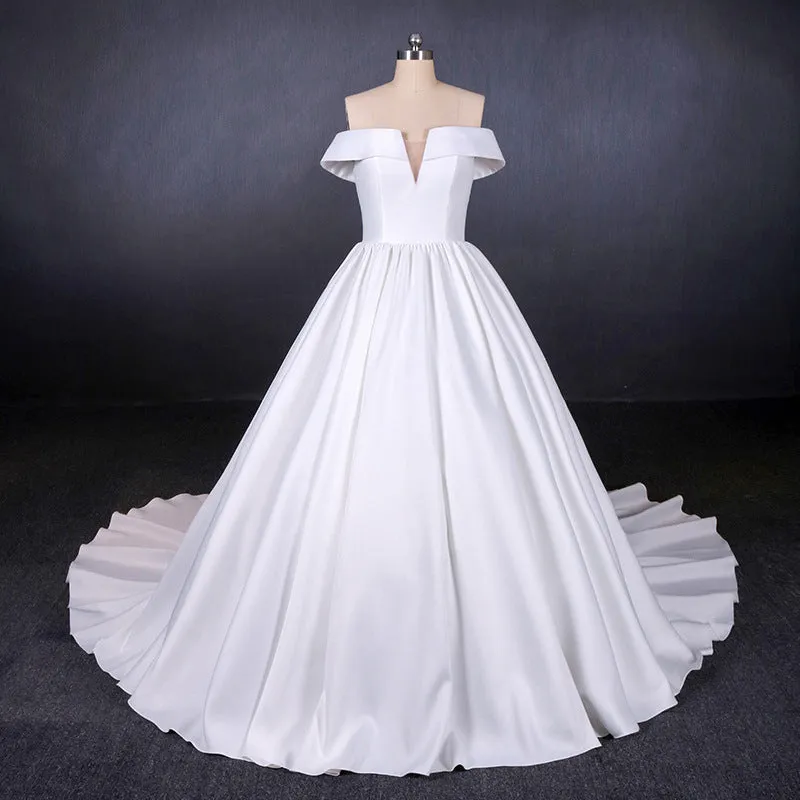 Simple Off The Shoulder Ivory Satin Wedding Dresses Lace Up Wedding Gowns