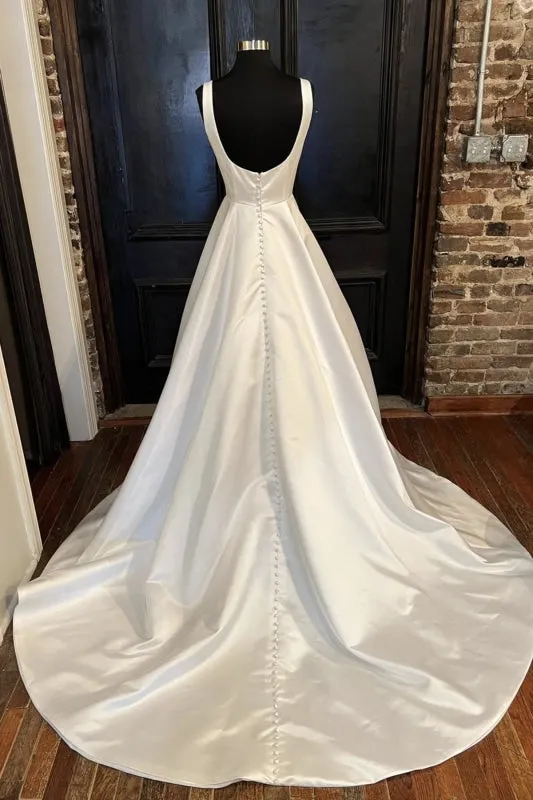 Simple Open Back White Satin Long Prom Dresses, Ivory Satin Long Formal Graduation Evening Dresses