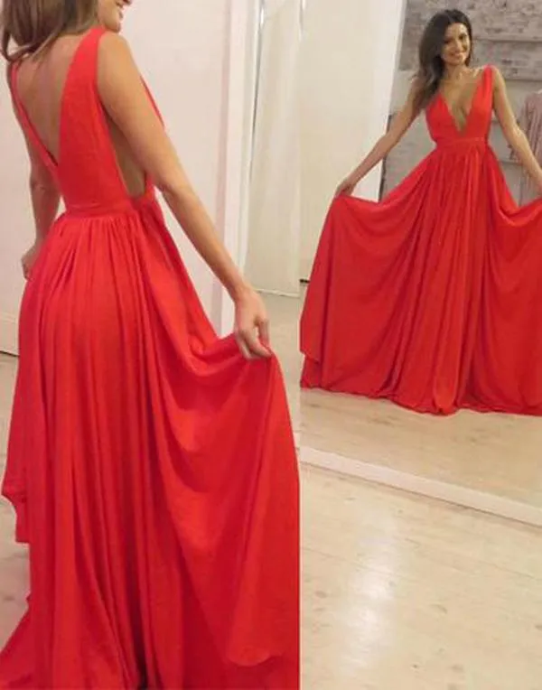 Simple Red Chiffon A-Line Floor-Length V Neck Long Prom Dresses, MP356