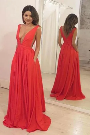Simple Red Chiffon A-Line Floor-Length V Neck Long Prom Dresses, MP356
