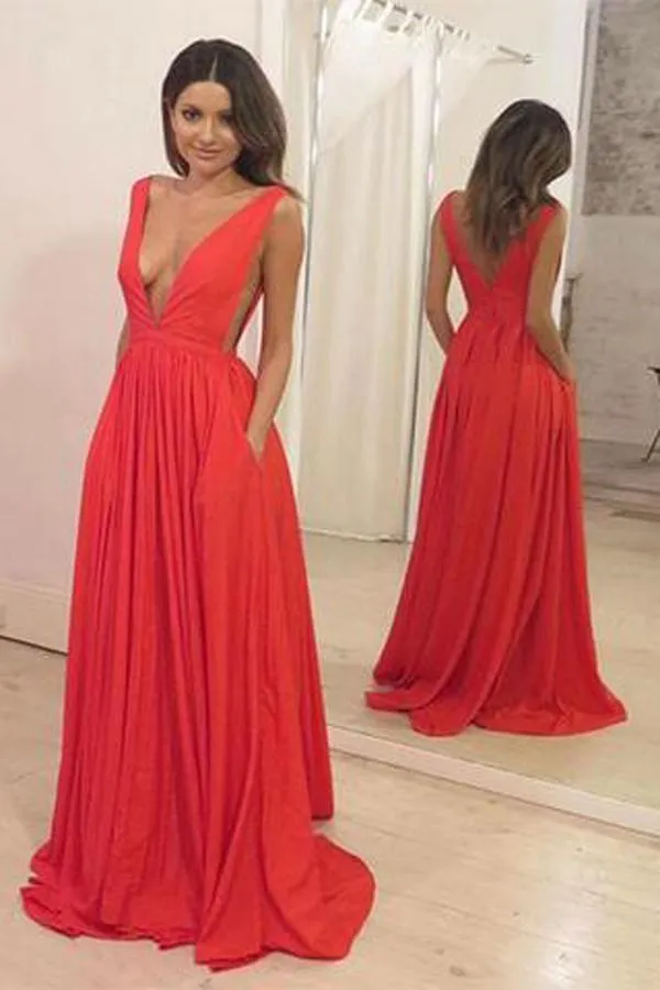 Simple Red Chiffon A-Line Floor-Length V Neck Long Prom Dresses, MP356