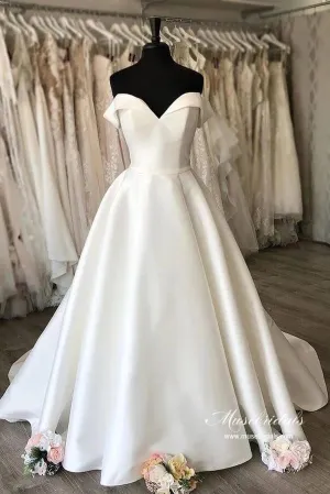 Simple Satin A-line Off-the Shoulder Wedding Dresses With Court Train, MW933