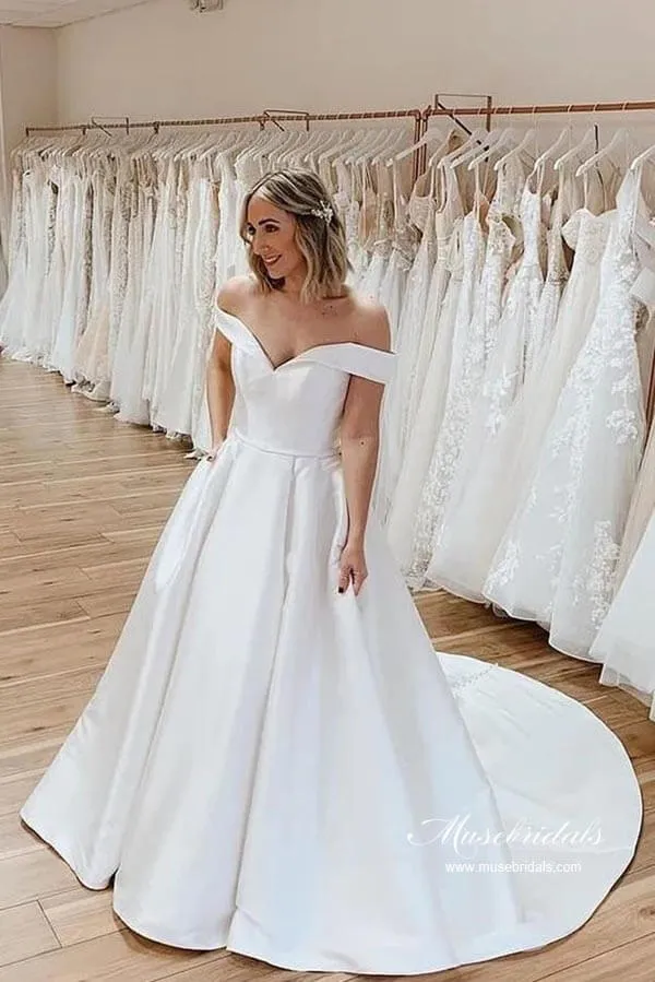 Simple Satin A-line Off-the Shoulder Wedding Dresses With Court Train, MW933
