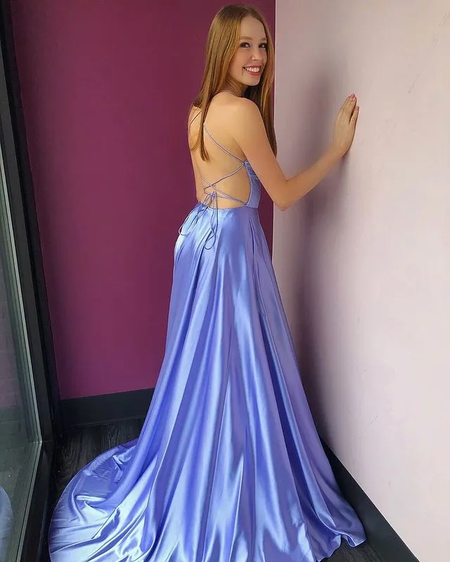 Simple Satin Long Blue Prom Dresses Split with Pockets Cross Back